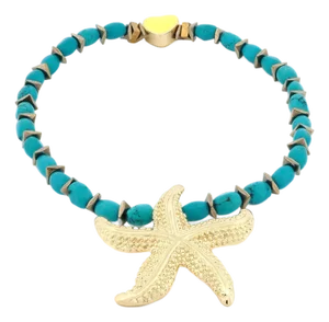 Majestic Starfish Charm Turquoise & Yellow Heart Beaded Anklet