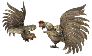 Bronze Sculptures of Fighting Roosters, Japan, 1950s, Set of 2