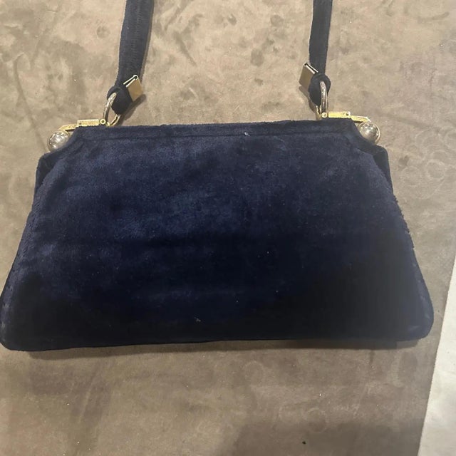 An Amazing 1980s Blue Velvet and Brass Italian Shoulder Bag For Sale - Image 9 of 13