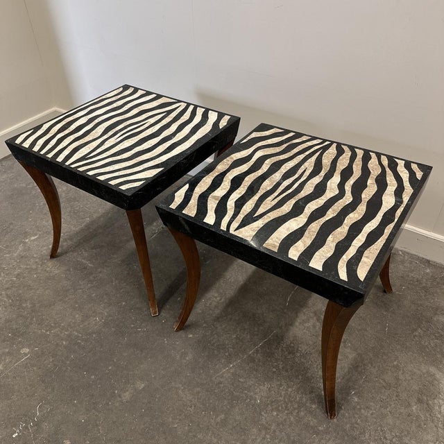 Italian Zebra Inlaid Tessellated Stone Tables with Refined Curv, Set of 2 For Sale - Image 9 of 16