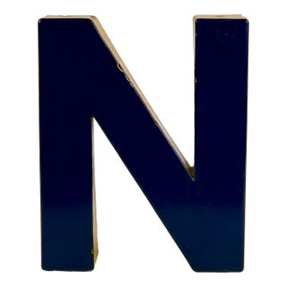 Vintage Metal Porcelain Enamel Letter 'N' Sign in Blue & Yellow For Sale