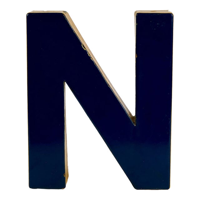 Vintage Metal Porcelain Enamel Letter 'N' Sign in Blue & Yellow For Sale