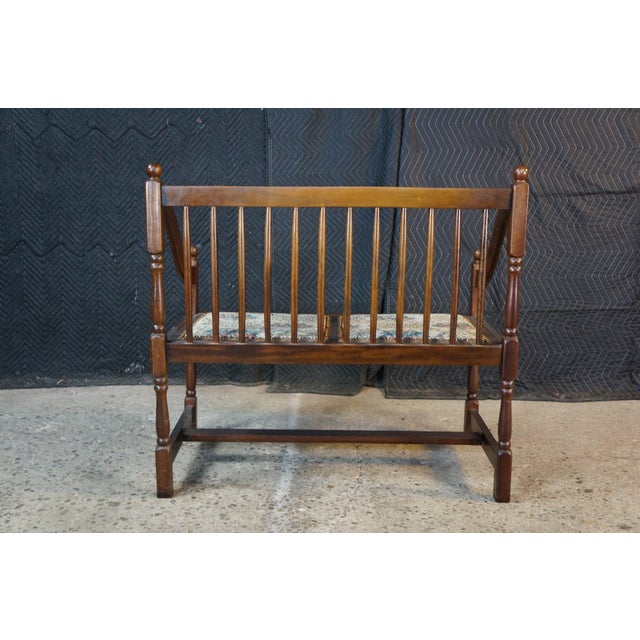Vintage American Country Farmhouse Mahogany Settee Bench Needlepoint Seat For Sale - Image 16 of 17