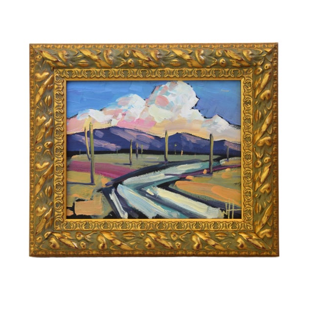 Cabin William Hawkins Mountains Puffy White Clouds Landscape Oil Painting Including the Antiqued Gold Wood Frame For Sale - Image 3 of 7