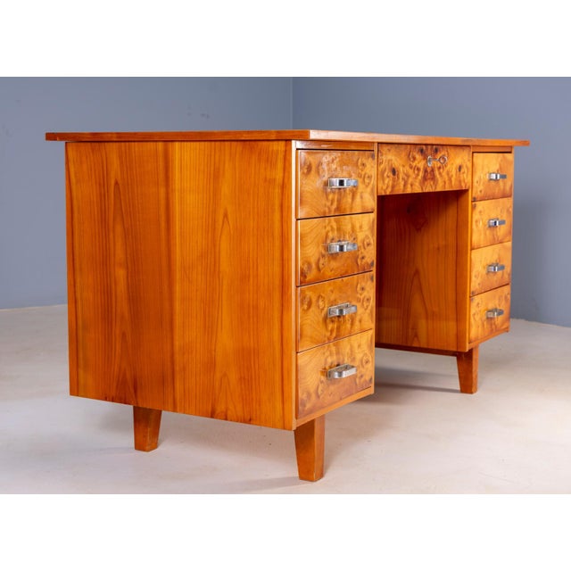 Mid-Century Modern Writing Desk in Burl Veneer with Eight Drawers For Sale - Image 6 of 16
