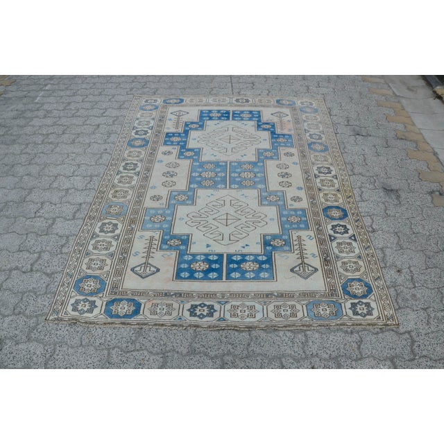 Off White and Pale Blue Turkish Carpet For Sale - Image 11 of 11