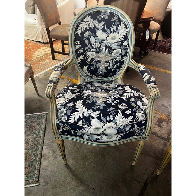 Pair of Vintage French Louis XVI Style Painted Fauteuil Armchairs For Sale - Image 9 of 13