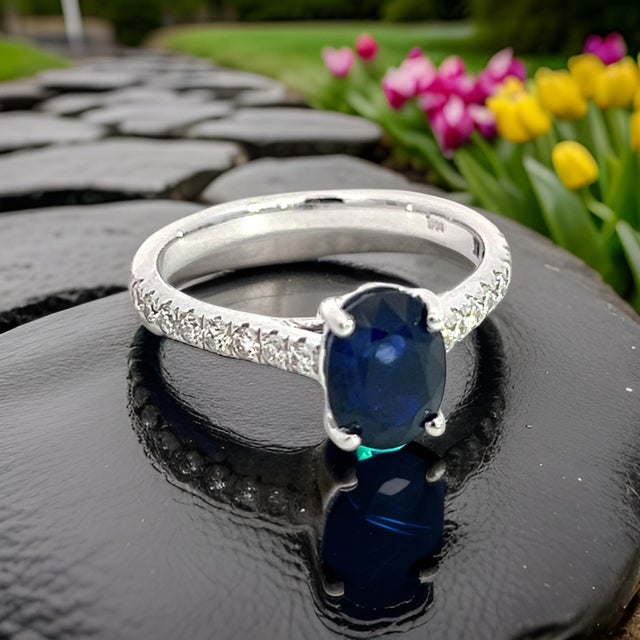 Traditional Natural Sapphire Diamond Ring 6.5 14k W Gold 2.35 TCW Certified For Sale - Image 3 of 13
