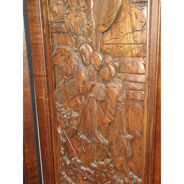 Vintage Oriental Asian Brown Hand Carved Wood Four Panel Screen ~ Room Divider For Sale - Image 16 of 17