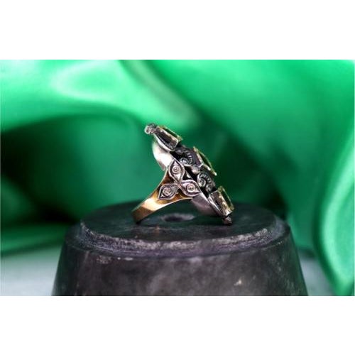 Gold and Silver Ring with Inlaid Diamond Chips and Calibrated Garnets For Sale - Image 4 of 5