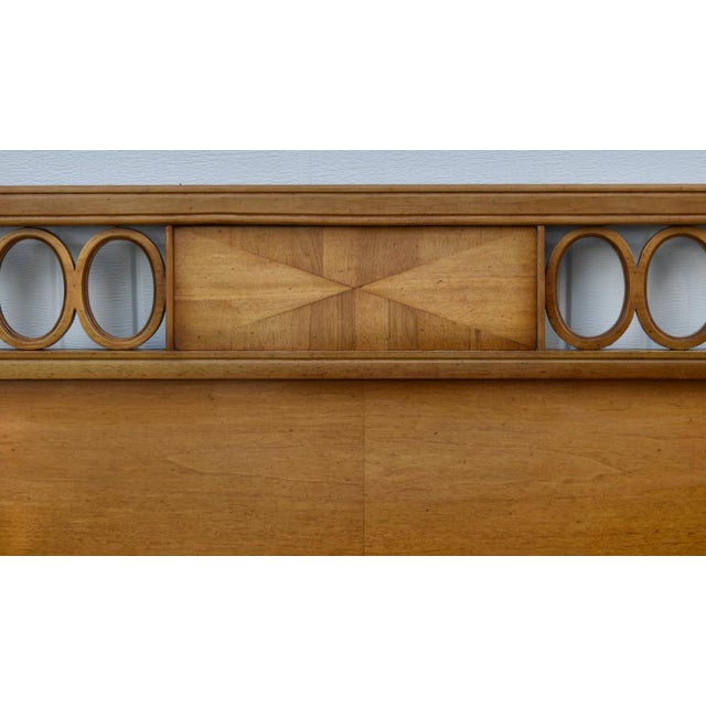Vintage (1960's) King Size Headboard has an MCM/Hollywood Regency Style. Made of Wood. Walnut. Light Brown Finish. The...