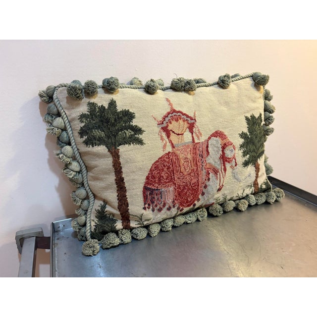 Elephant Needlepoint / Green Velvet Pompom Fringe Pillow For Sale - Image 4 of 4