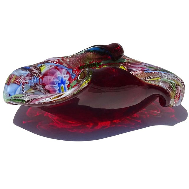 AVeM Italy Murano AVeM Vintage Red Millefiori Flowers Silver Flecks Rainbow Ribbon Italian Art Glass Bowl For Sale - Image 4 of 10