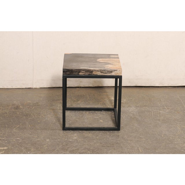 Metal Black & Tan Petrified Wood Top Side Table For Sale - Image 7 of 12