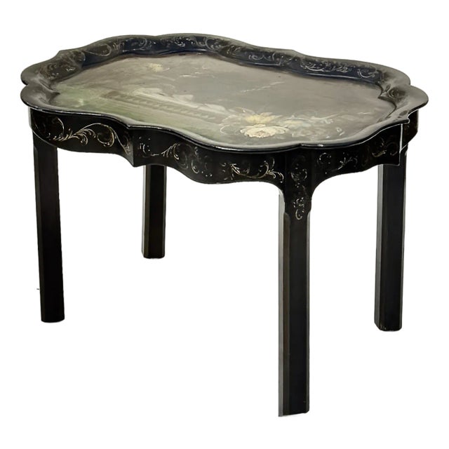 Hand-Painted Tray Table With Peacock & Garden Scene For Sale