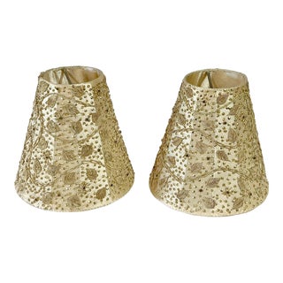 Pair of Vintage Beaded Clip on Lamp Shades Cream and Gold For Sale