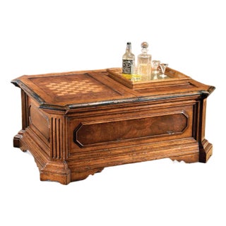 Italian Solid Walnut Coffee Table With Hidden Bar, Game Board & Burl Veneers For Sale