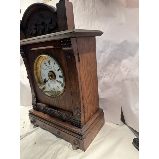 Brown Antique English Parlor Mantel Clock by Fattorini & Sons - Patented Alarm For Sale - Image 8 of 9