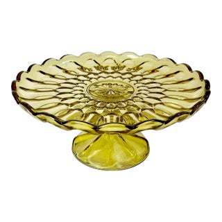 1940s Art Deco Boho Chic Hollywood Regency Indiana Glass Depression Yellow Cake Stand For Sale