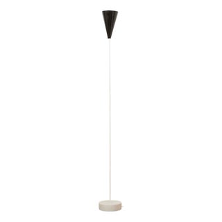 White Painted Steel Tube Floor Lamp with White Marble Base and Black Sheet Metal Shade For Sale