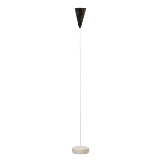White Painted Steel Tube Floor Lamp with White Marble Base and Black Sheet Metal Shade For Sale