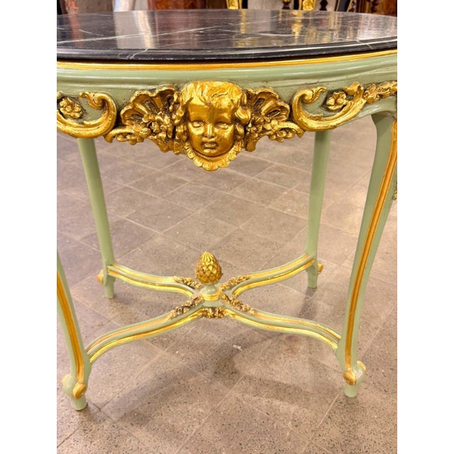 Rococo Vintage French Cherub Side Table Sage Green Marble Top For Sale - Image 3 of 8