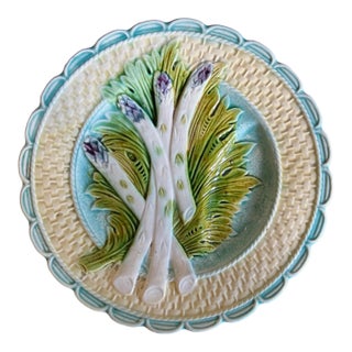 Antique Majolica Asparagus Plate With Sauce Well by Salins For Sale
