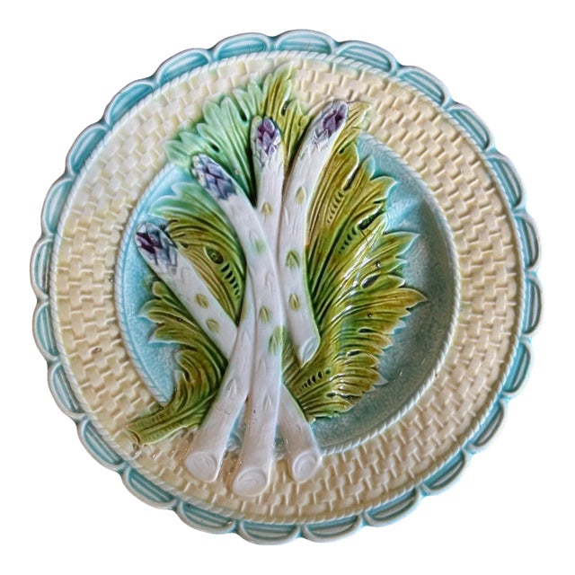 Antique Majolica Asparagus Plate With Sauce Well by Salins For Sale
