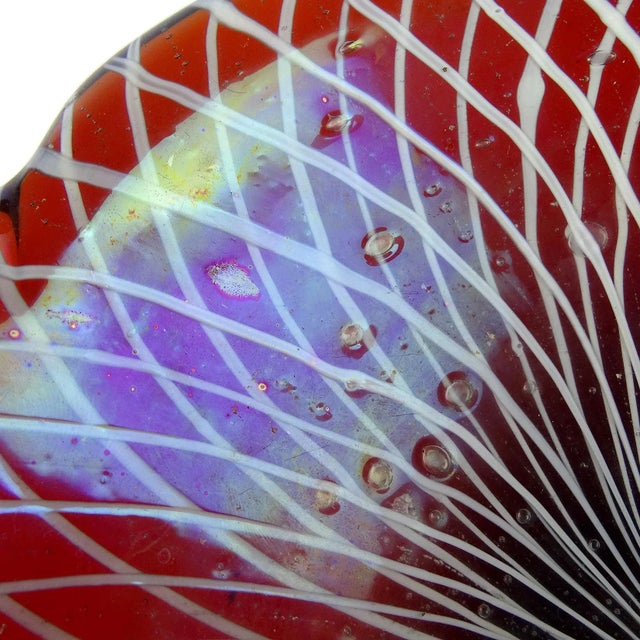 Mid-Century Modern Vintage Murano Red Orange Heavy Iridescent Roticello Ribbons Italian Art Glass Decorative Bowl For Sale - Image 3 of 4