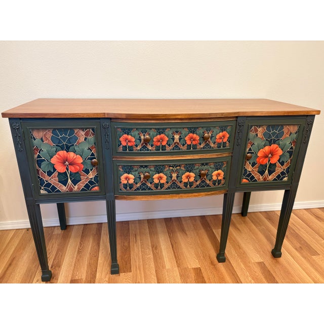 Mid-Century Modern Vintage Mahogany Painted Credenza Featuring "Poppies" For Sale - Image 3 of 12