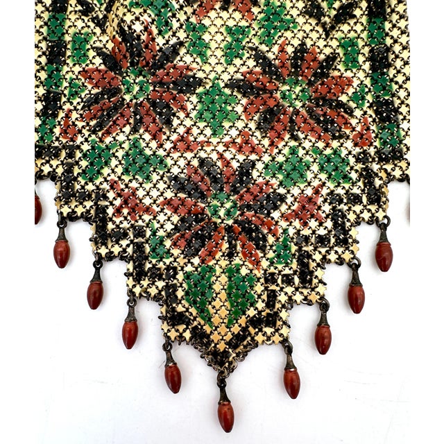 Mandalian Art Deco Flapper Enamel Mesh Purse with Floral Motif and Drop Beads For Sale - Image 9 of 18