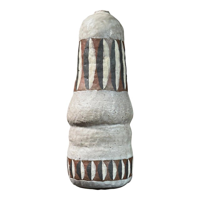 Vintage Modernist Shino Glazed Hand Painted Ceramic Vessel For Sale