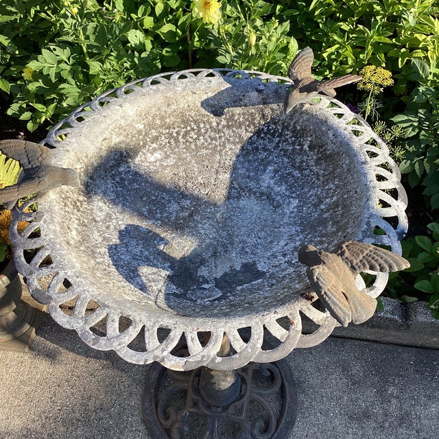 Mid 20th Century Vintage Bird Bath Aluminum With Iron Filigree Base and Perching Bird Sculpture For Sale - Image 5 of 12