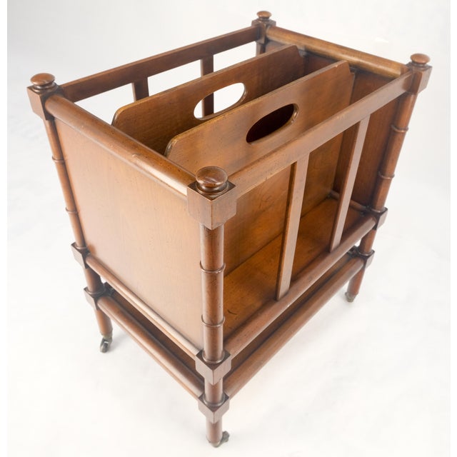 Wood Faux Turned Wood Bamboo Canterbury Magazine Rack on Brass Casters Clean! For Sale - Image 7 of 15