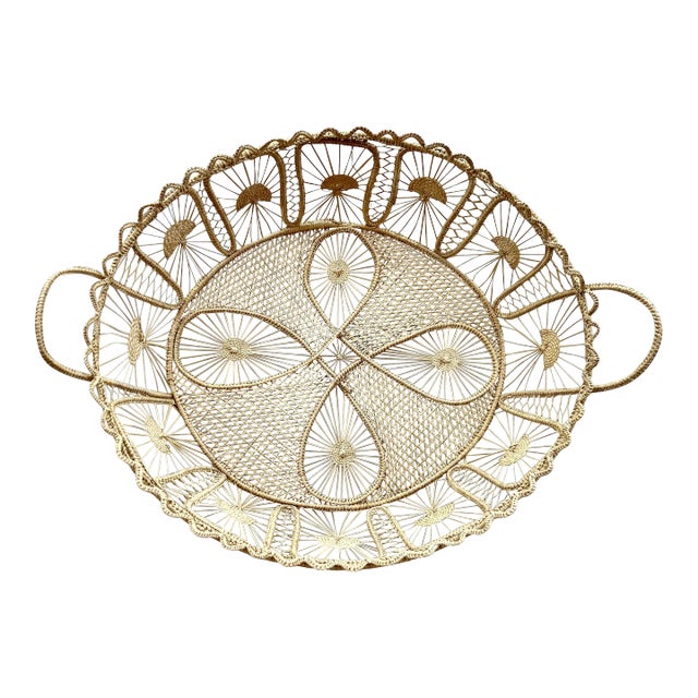 Circa 1970 Handwoven Raffia “Teneriffe Lace” Tray Basket For Sale