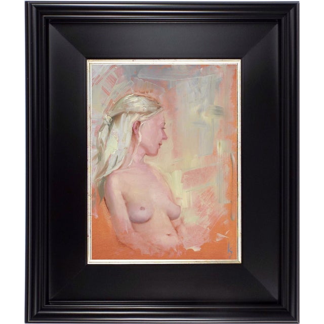In "Sweet Thoughts," a serene figure emerges against a softly textured background, blending warm hues of orange and subtle...