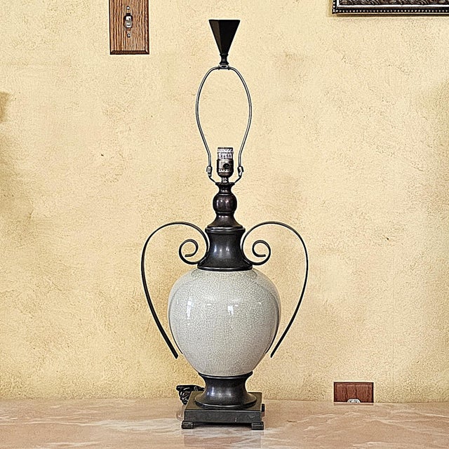 Ashley Gavivi Style Crackle-Glaze Ceramic Urn & Bronze Scroll Table Lamp For Sale In Washington DC - Image 6 of 18