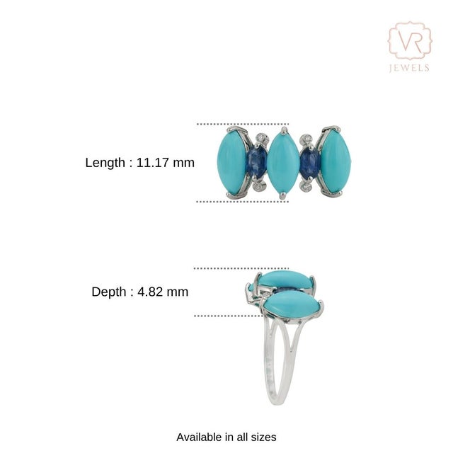 18k White Gold 3.31ct Turquoise, Blue Sapphire & Diamond Georgian Revival Ring Size 5 For Sale - Image 11 of 17