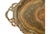 Large 23" oval antique brass tray with ornate handles and hand-engraved flora and vine design in hand painted red and...