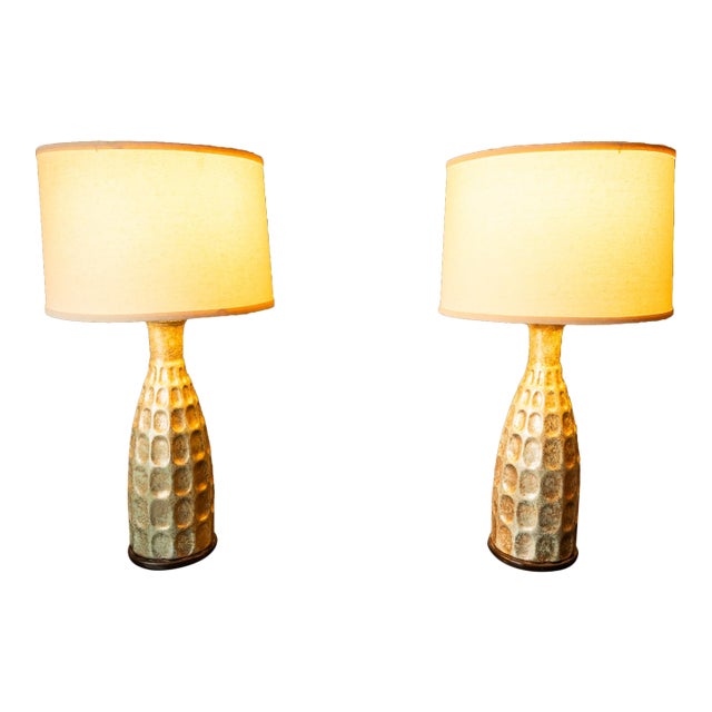 Vintage Mid-Century Modern Textured Rough Glazed Ceramic Table Lamps C. 1970s - Set of Two (2) For Sale