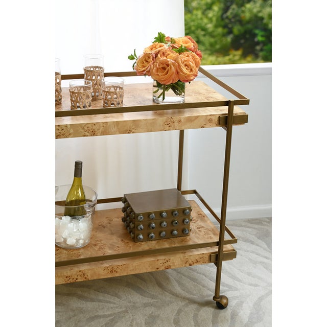 Worlds Away Matthew Izzo Home Cash Light Burlwood Bar Cart With Brass Details For Sale - Image 4 of 7
