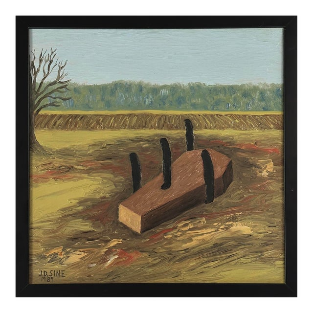 Vintage Surrealist Portrait of a Coffin, Signed (1989, Acrylic on Canvas) For Sale