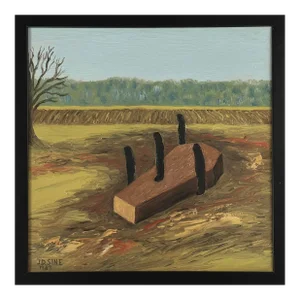 Vintage Surrealist Portrait of a Coffin, Signed (1989, Acrylic on Canvas)
