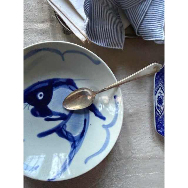Vintage Hand-Painted Chinese Koi Fish Serving Bowl | Navy Blue and White Porcelain | 9 Inch Decorative Dish For Sale - Image 12 of 12