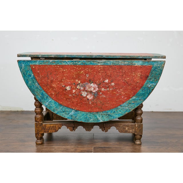 18th Century 18th-Century Spanish Gateleg Table with Floral Polychrome Décor and Drop Leaves For Sale - Image 5 of 12
