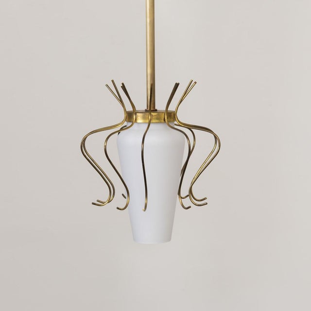 1950s Italian Brass and White Glass Pendant Light For Sale - Image 4 of 12