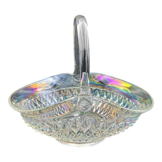 Large Iridescent Pressed‑Glass Centerpiece Basket With Handle For Sale