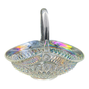 Large Iridescent Pressed‑Glass Centerpiece Basket With Handle