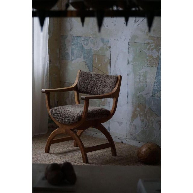 Wood Mid-Century Armchair in Oak & Lambswool Model Kurul attributed to Henning Kjærnulf, 1960s For Sale - Image 7 of 15