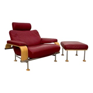 1980s Ake Folke Fribyter Swedish Red Leather Lounge Chair and Ottoman for Nelo For Sale
